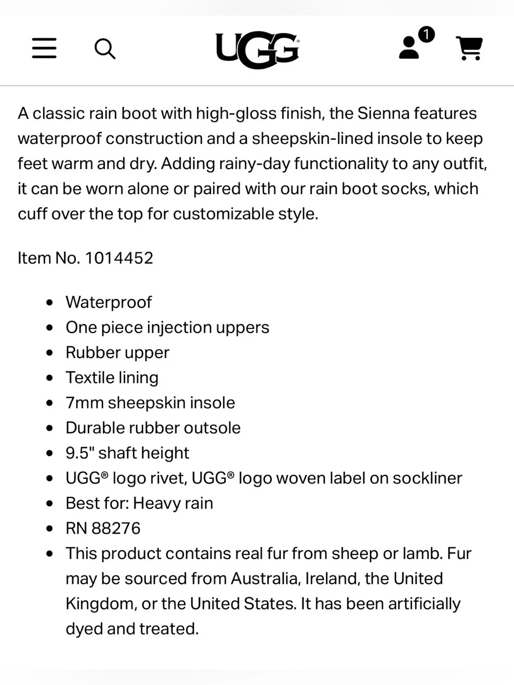 UGG Sienna Black Gloss Waterproof Rain Boots Sheepskin Insole Preppy Equestrian